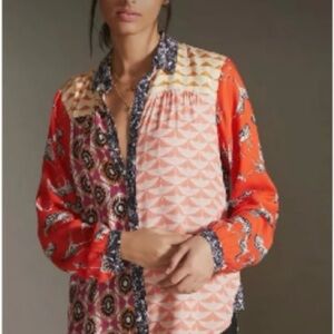Anthropologie Maeve "The Paz" Mixed Print Buttondown Blouse - Zebras Size Large